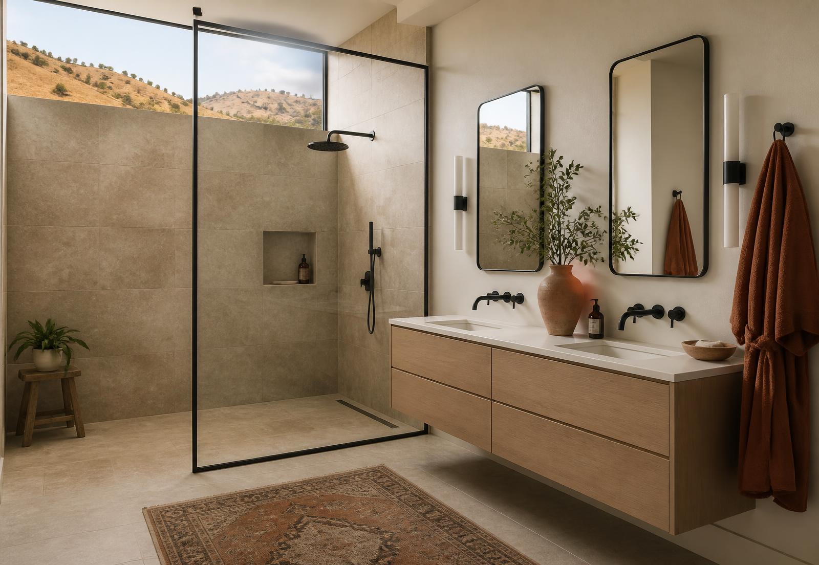 Eagle, Idaho master bathroom with a curbless tiled shower, floating oak vanity and foothills daylight