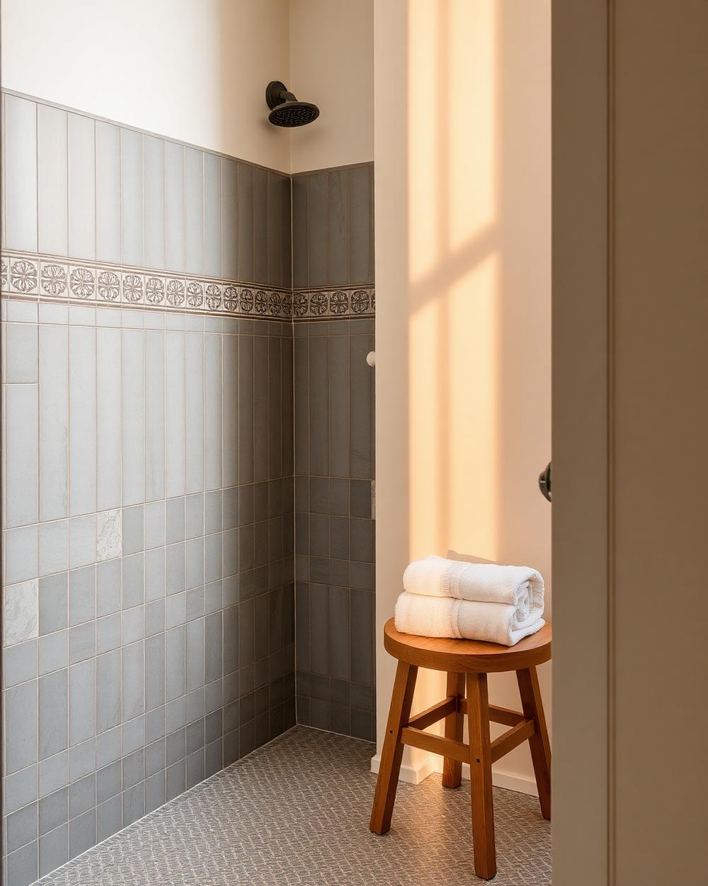 Tiled shower corner in an Eagle bathroom showing tile layout and waterproofed curbless entry